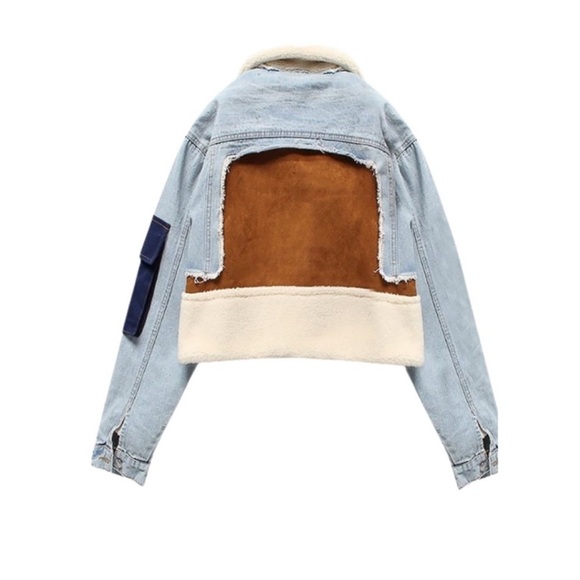 DENIM SHEARLING CROP JACKET. Multiple Colors. - Picture 7 of 7